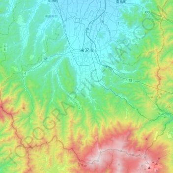 米沢市の地形図、標高、地勢