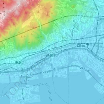 芦屋市の地形図、標高、地勢