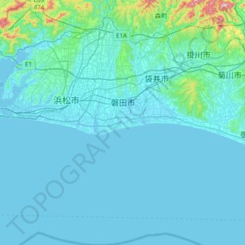 磐田市の地形図、標高、地勢