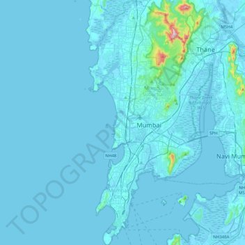 ムンバイの地形図、標高、地勢