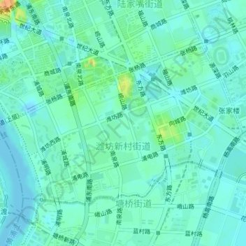 潍坊新村街道の地形図、標高、地勢