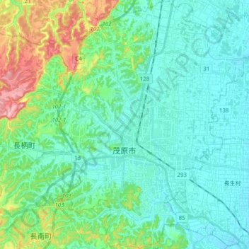 茂原市の地形図、標高、地勢