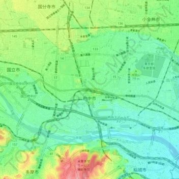 府中市の地形図、標高、地勢