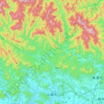 山県市の地形図、標高、地勢