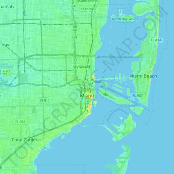 マイアミの地形図、標高、地勢