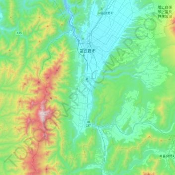 富良野市の地形図、標高、地勢