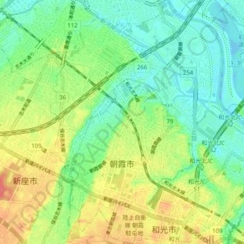 朝霞市の地形図、標高、地勢