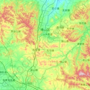 博山区の地形図、標高、地勢