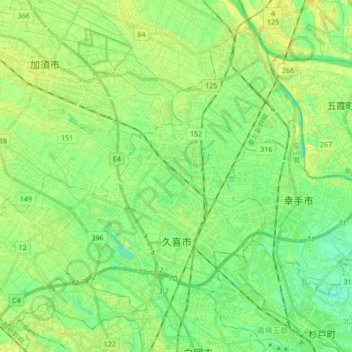 久喜市の地形図、標高、地勢