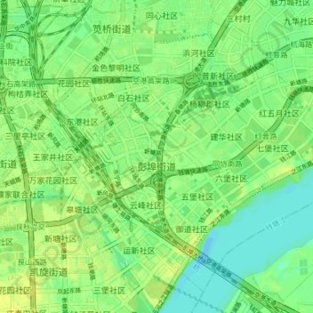 彭埠街道の地形図、標高、地勢