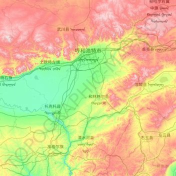 フフホト市の地形図、標高、地勢