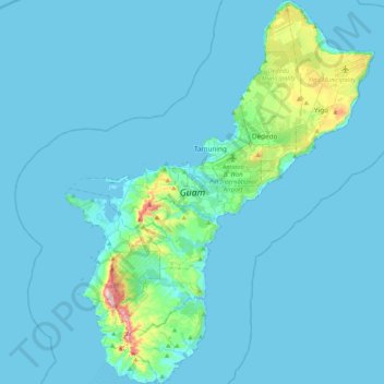 Guamの地形図、標高、地勢