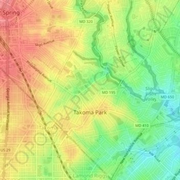 Takoma Parkの地形図、標高、地勢