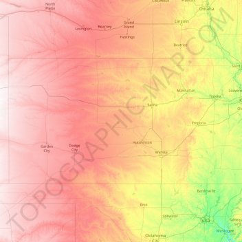 カンザス州の地形図、標高、地勢