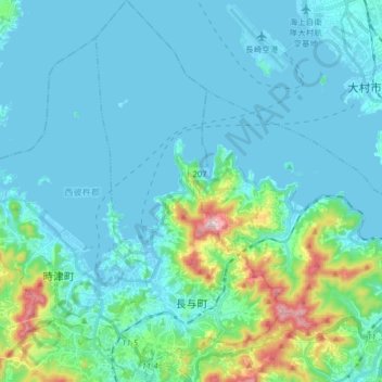 長与町の地形図、標高、地勢