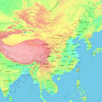 中国の地形図、標高、地勢