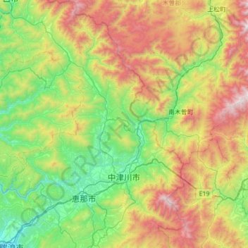 中津川市の地形図、標高、地勢