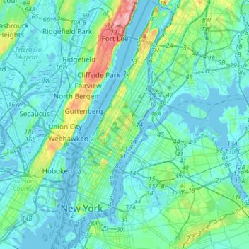 Manhattanの地形図、標高、地勢
