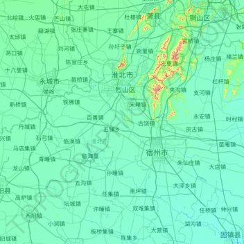 淮北市の地形図、標高、地勢