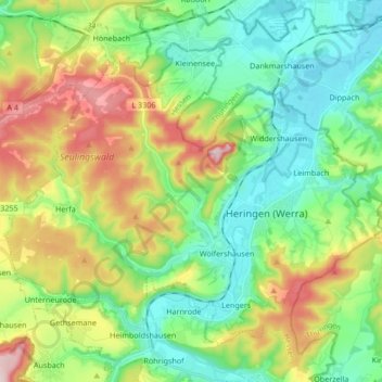 Heringen (Werra)の地形図、標高、地勢