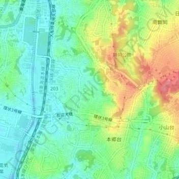 下倉田町の地形図、標高、地勢