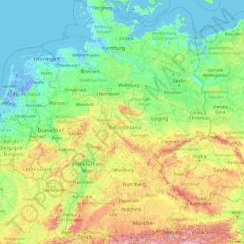 ドイツの地形図、標高、地勢