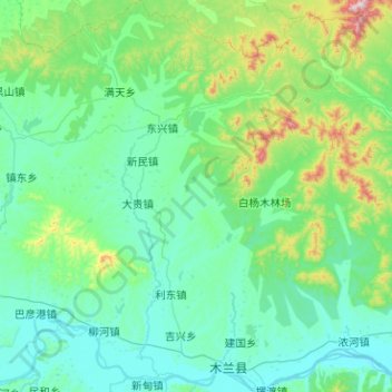 木蘭県の地形図、標高、地勢