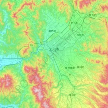 旭川市の地形図、標高、地勢
