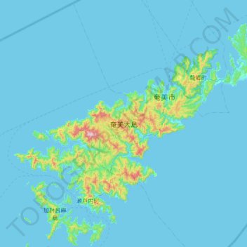 奄美大島の地形図、標高、地勢