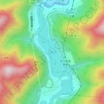 若郷湖の地形図、標高、地勢