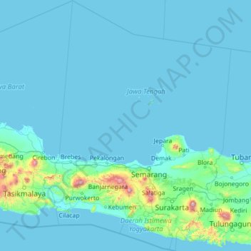 中部ジャワの地形図、標高、地勢