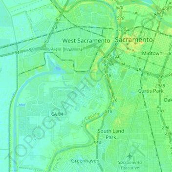 West Sacramentoの地形図、標高、地勢