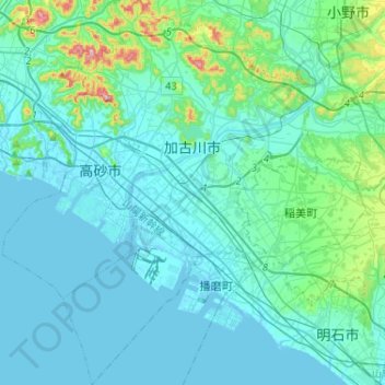 加古川市の地形図、標高、地勢