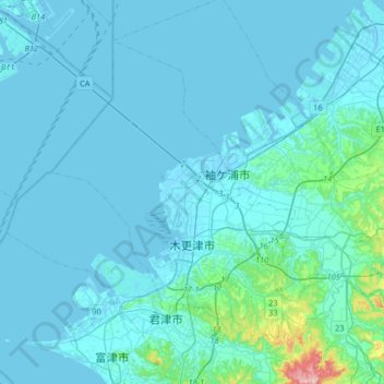 木更津市の地形図、標高、地勢