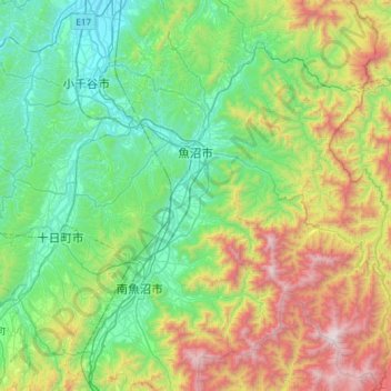 魚沼市の地形図、標高、地勢