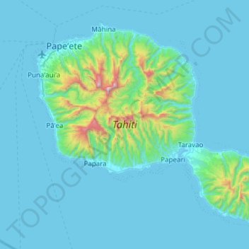 タヒチ島の地形図、標高、地勢