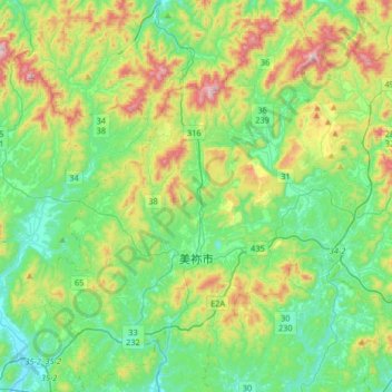 美祢市の地形図、標高、地勢