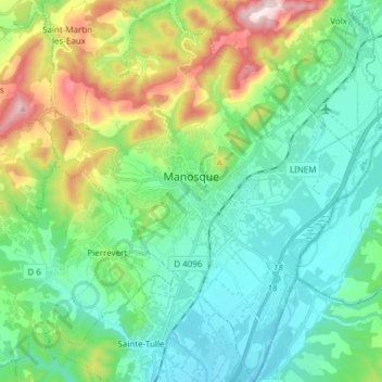 Manosqueの地形図、標高、地勢