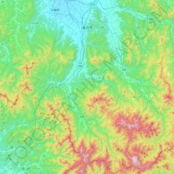 湯沢市の地形図、標高、地勢