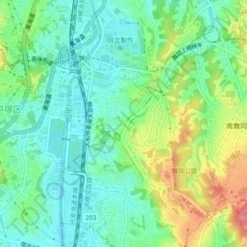 上倉田町の地形図、標高、地勢