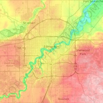 エドモントン市の地形図、標高、地勢