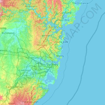 シドニーの地形図、標高、地勢