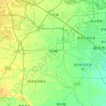 九州镇の地形図、標高、地勢