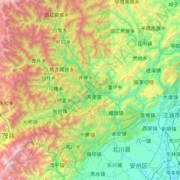 北川羌族自治县の地形図、標高、地勢
