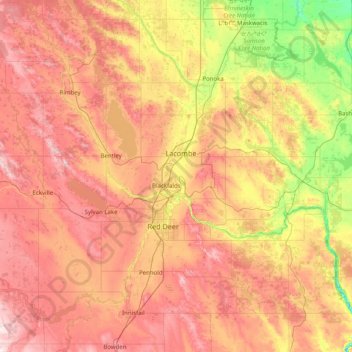 Lacombe Countyの地形図 標高 地勢