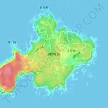 式根島の地形図、標高、地勢