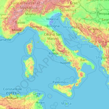 イタリアの地形図、標高、地勢