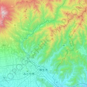 桐生市の地形図、標高、地勢