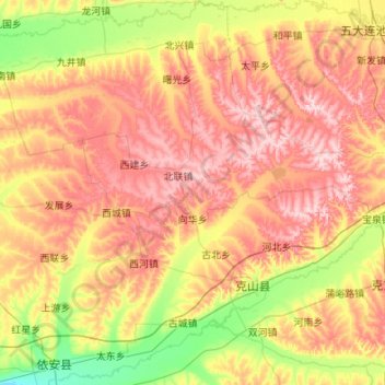 克山县の地形図、標高、地勢