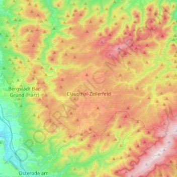 Clausthal-Zellerfeldの地形図、標高、地勢